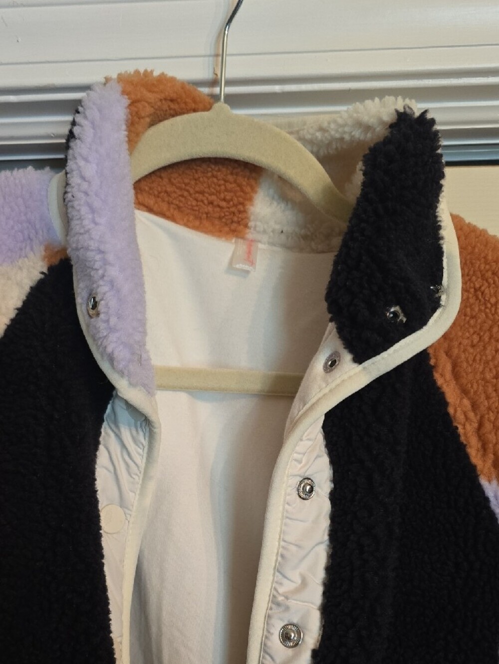 Colorblock Sherpa Zip Jacket - Lavender, Rust, Black, Cream - Picture 2 of 3